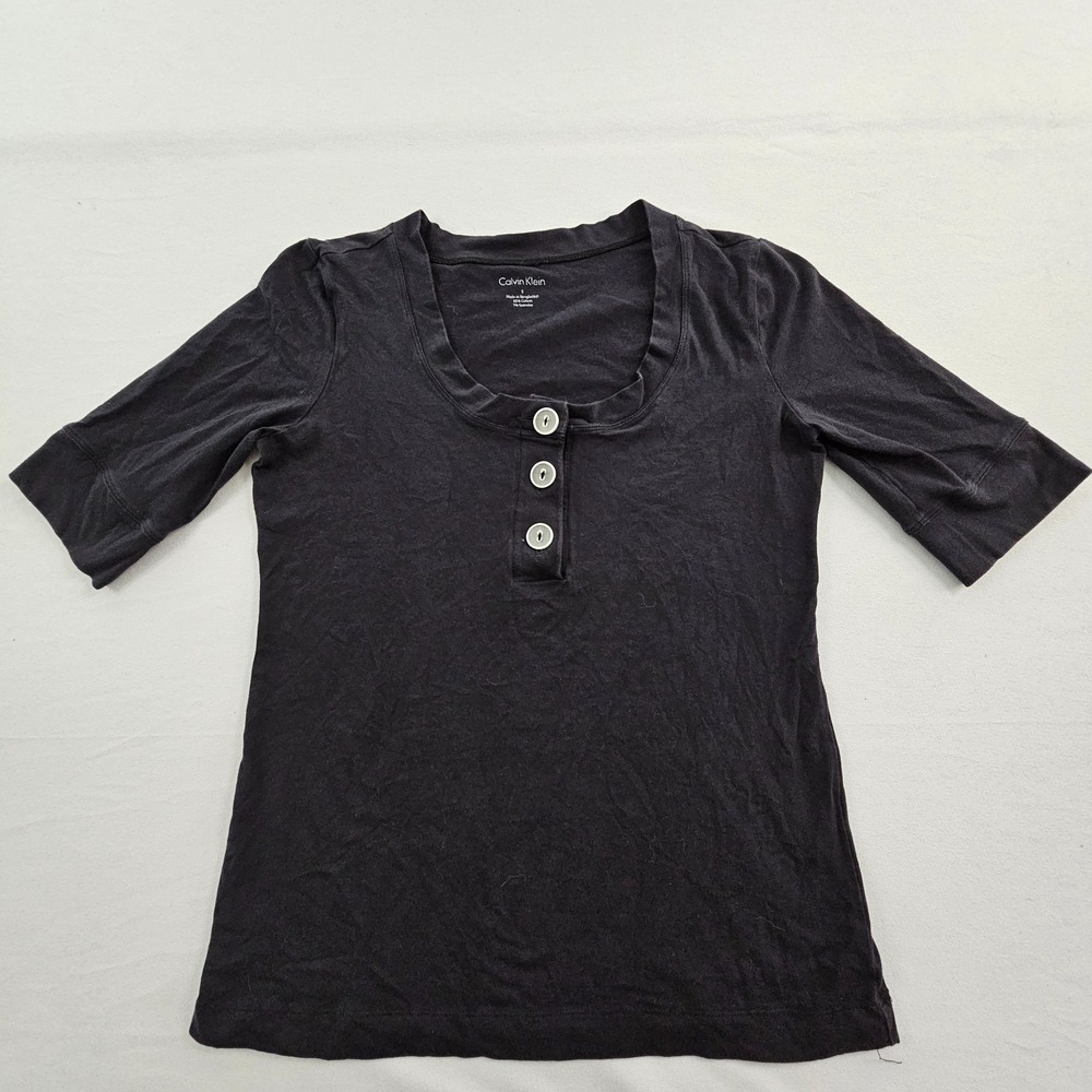 Calvin Klein Black‎ 1/2 Sleeve Cotton Spandex Henley Top Women's S
